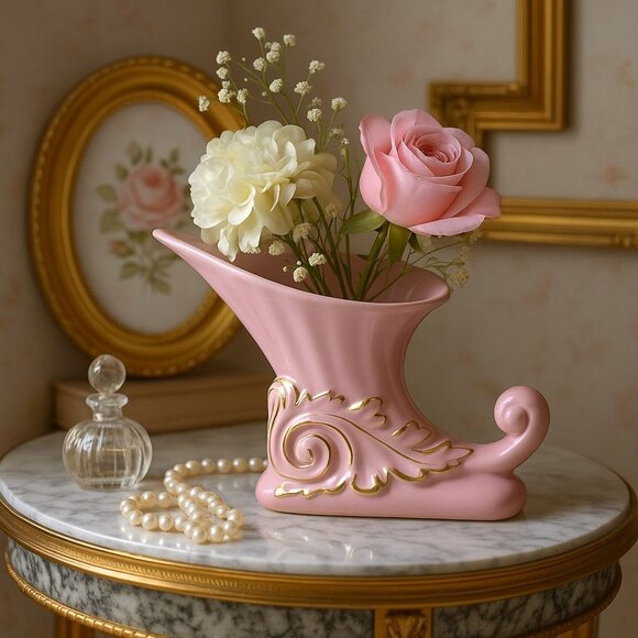 MCM 1950s Glossy Pink Cornucopia Vase  Gold Acanthus Scroll Lefton Napco Era Roc - Picture 1 of 7